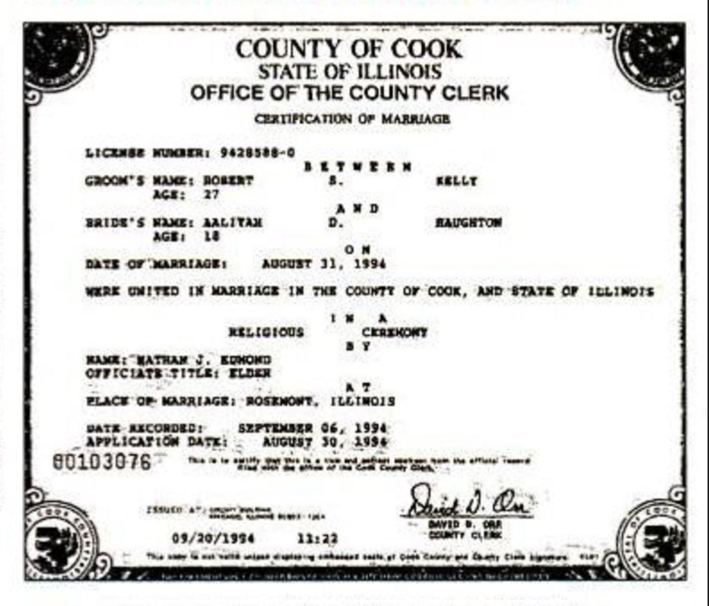 Marriage certificate of Kelly and Aaliyah