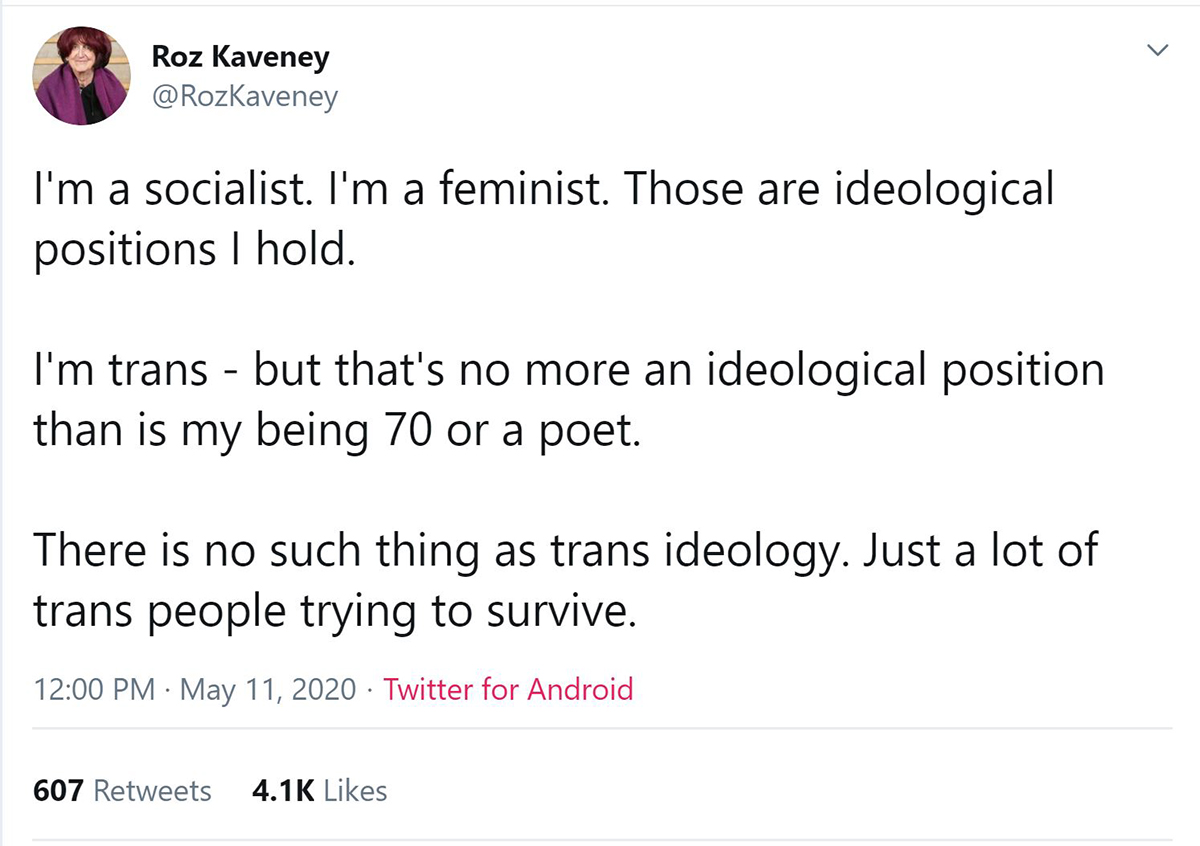 screenshot from @rozaveney on twitter, stating There is no such thing as trans ideology. Just a lot of trans people trying to survive.